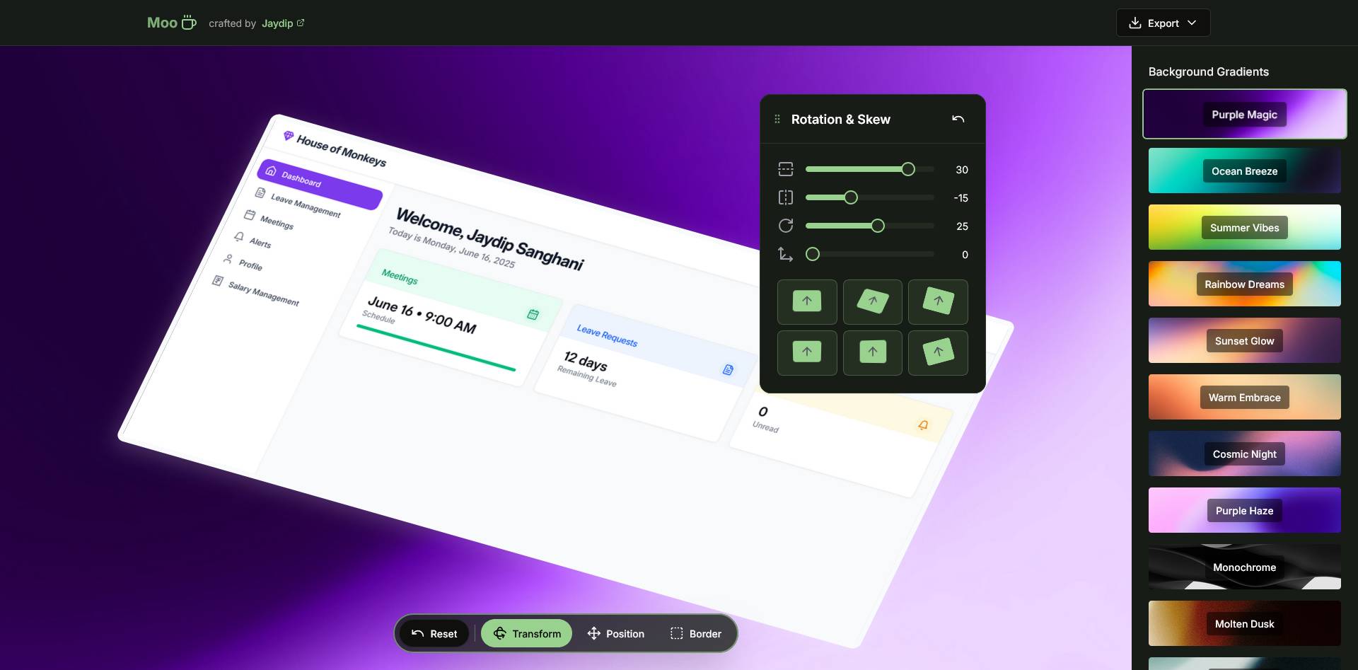 moocup app's screenshot in olive palette made in react